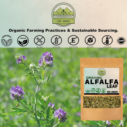 Premium ZeeHERBS Medicago Sativa loose herb packaging details