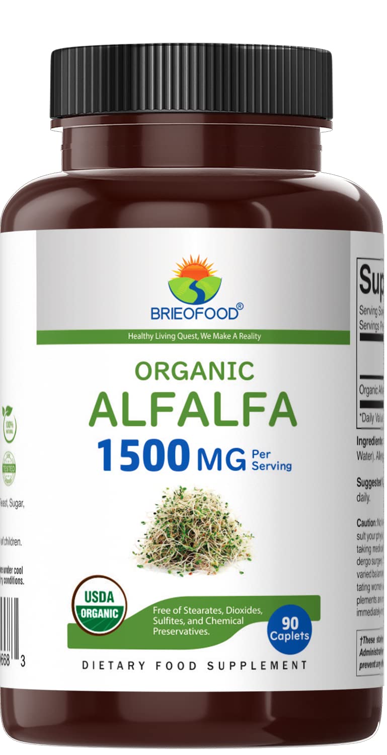 Brieofood Organic Alfalfa supplement bottle showing dietary facts and 1500mg serving size details.