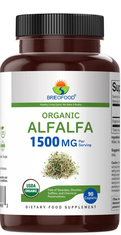 Brieofood Organic Alfalfa supplement bottle showing dietary facts and 1500mg serving size details.