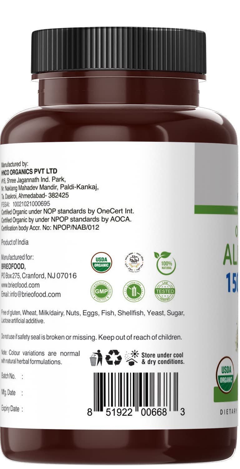 Brieofood Organic Alfalfa 1500mg container displaying the USDA organic seal and vegetarian formulation logos.