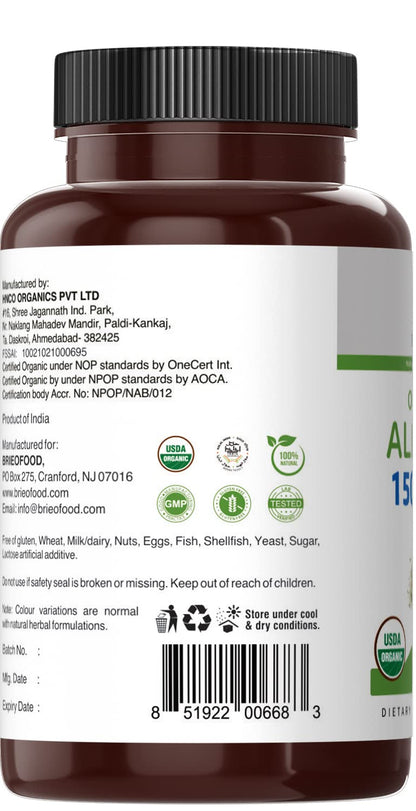 Brieofood Organic Alfalfa 1500mg container displaying the USDA organic seal and vegetarian formulation logos.