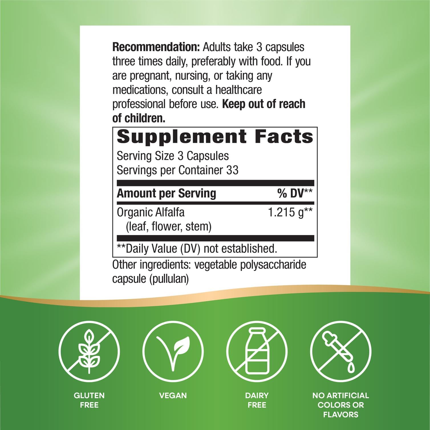 Nature's Way Alfalfa vegan capsules label supplement facts