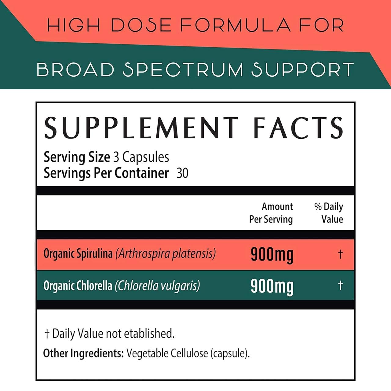 Teaveli Spirulina and Chlorella 180 count bottle label details