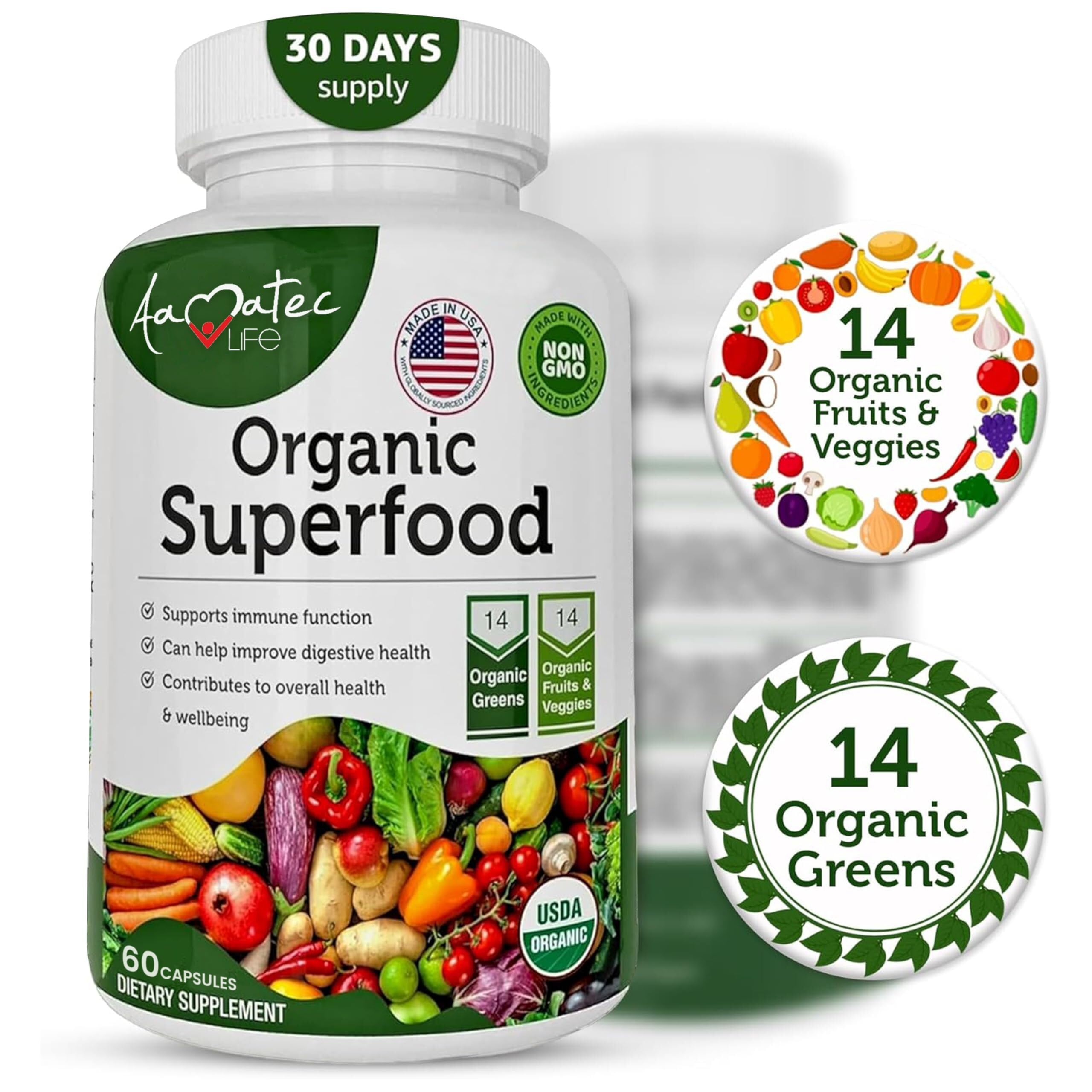 Aamatec Life organic supplement bottle showing 60 tablets count