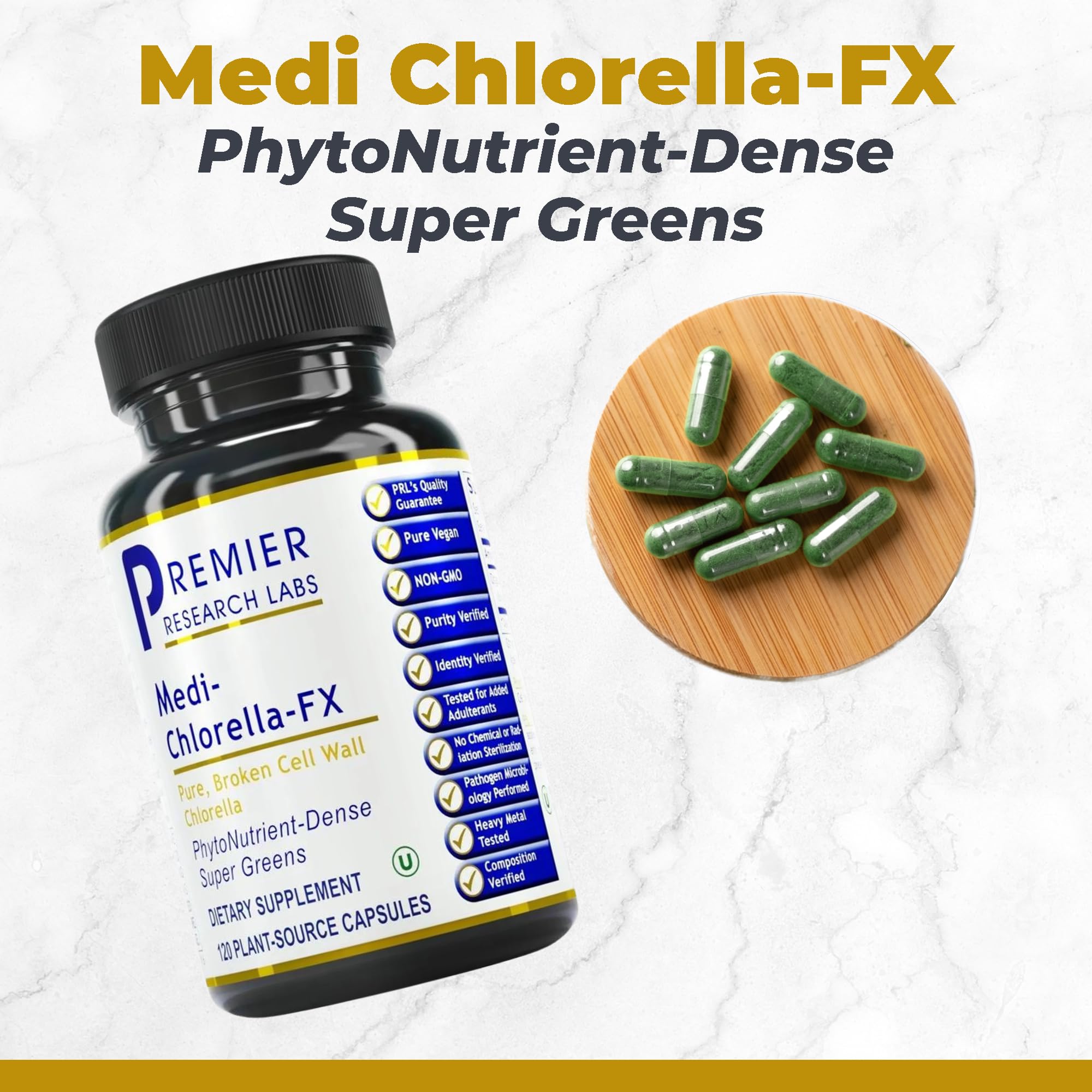 Close up of Premier Research Labs Medi Chlorella Fx supplement label