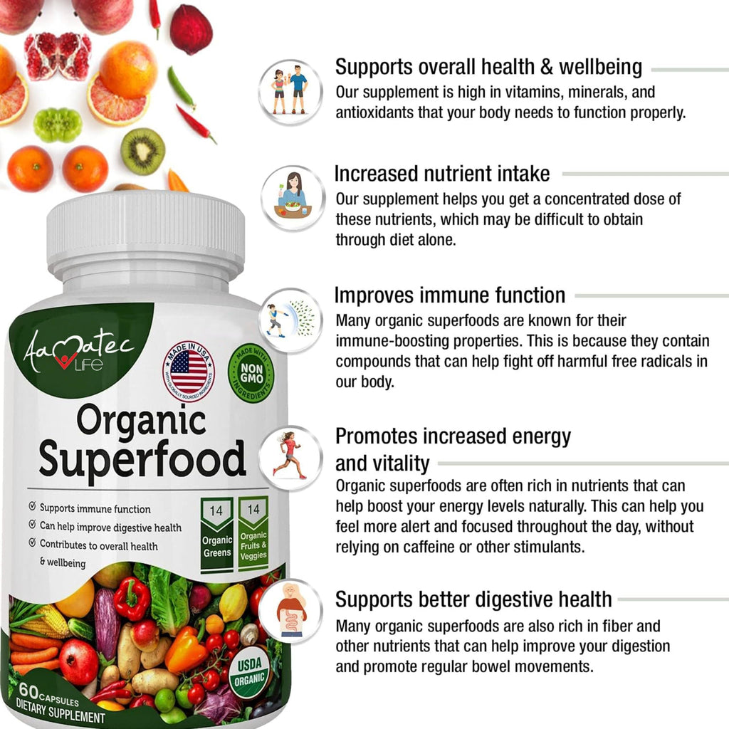 Side profile of Aamatec Life organic fruits and greens complex bottle