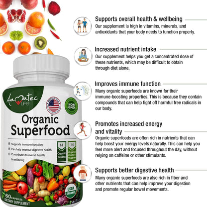 Side profile of Aamatec Life organic fruits and greens complex bottle