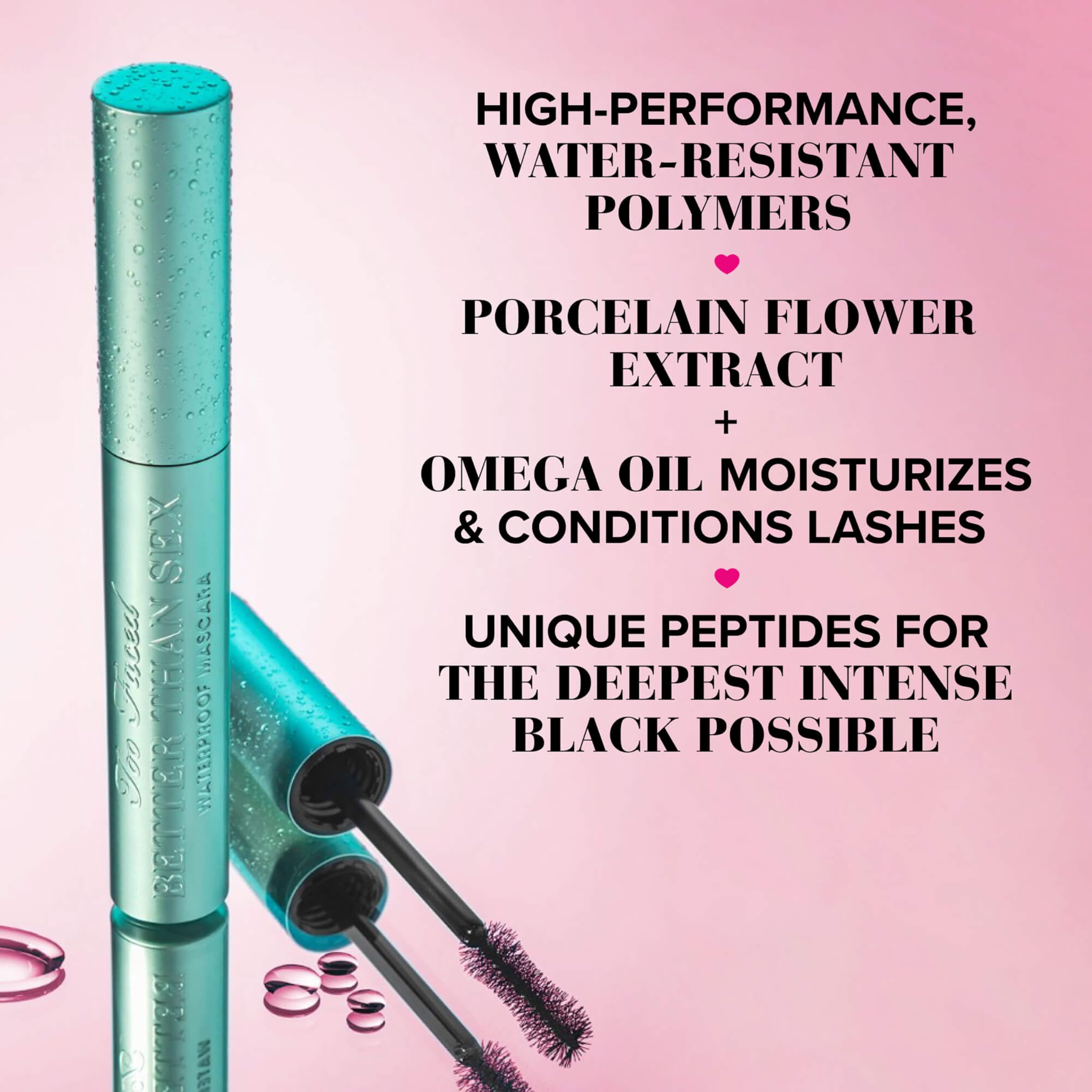 Too Faced mascara packaging with water droplets design