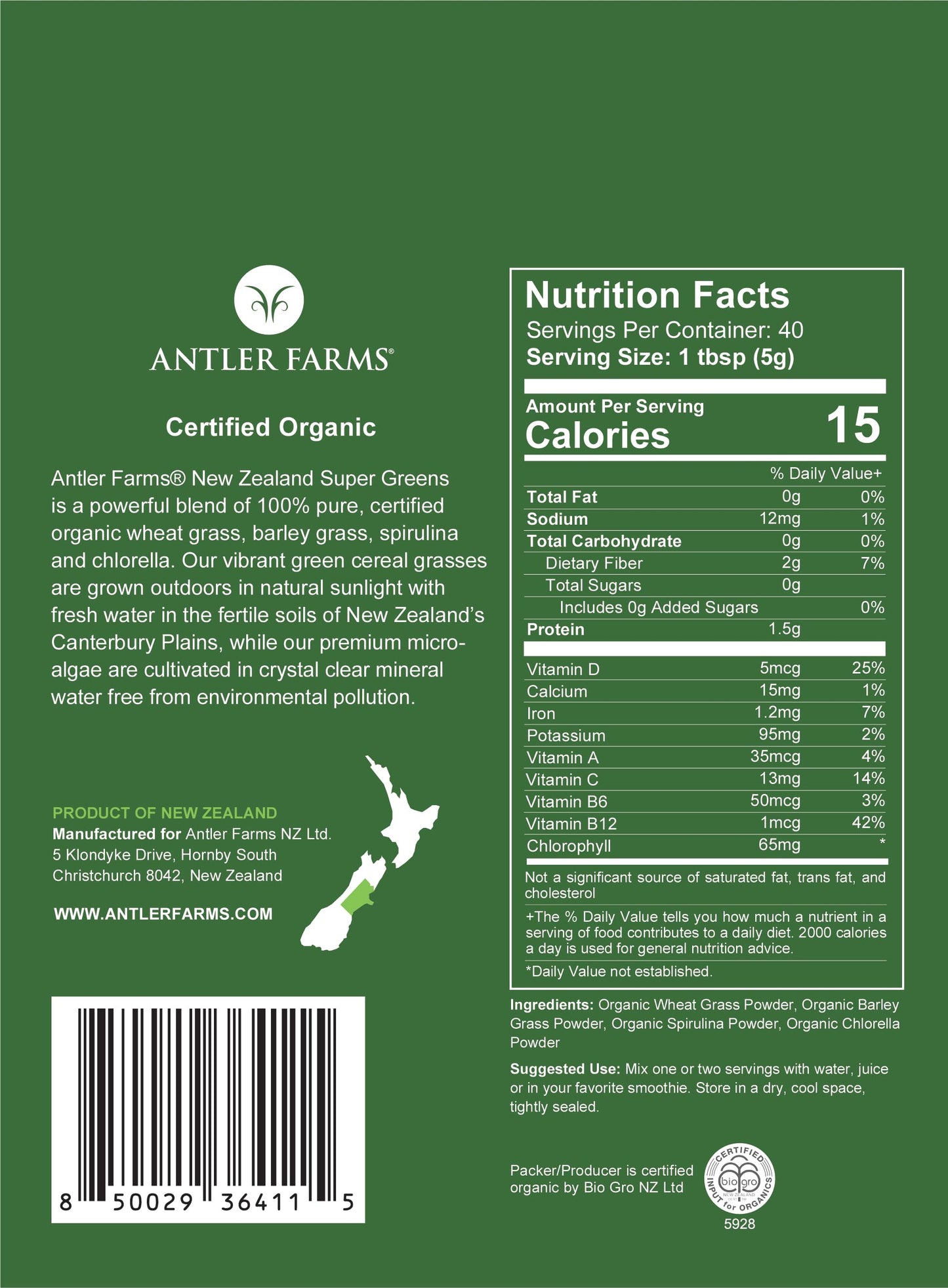 Antler Farms Super Greens ingredients label and nutritional information