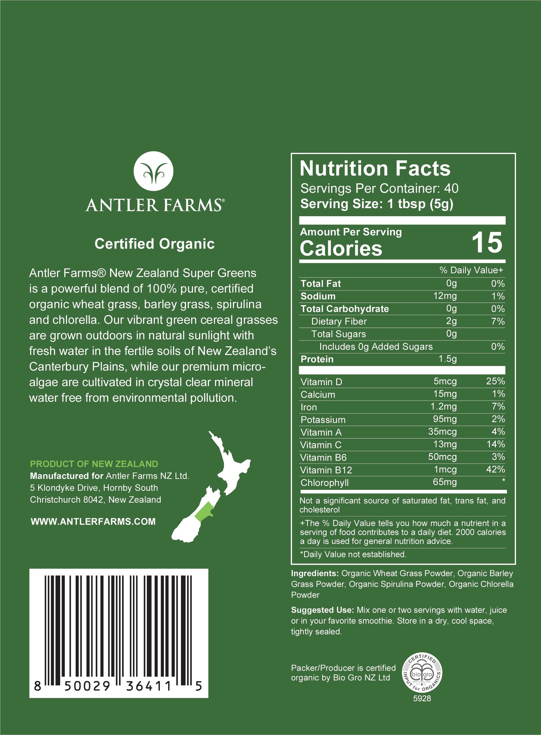 Antler Farms Super Greens ingredients label and nutritional information