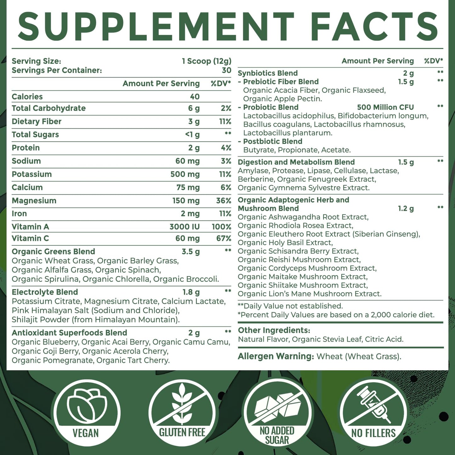 Sundhedsliv Super Greens Powder ingredient label details