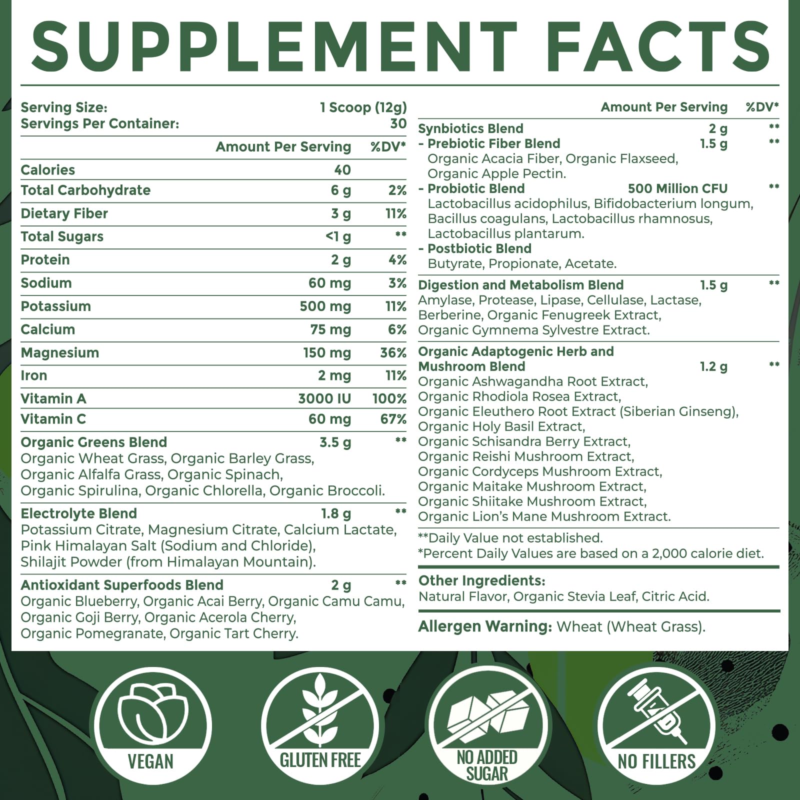 Sundhedsliv Super Greens Powder ingredient label details