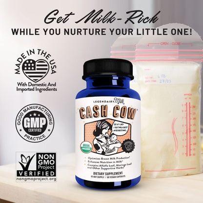 Legendairy Milk Cash Cow supplement bottle side view showing ingredients