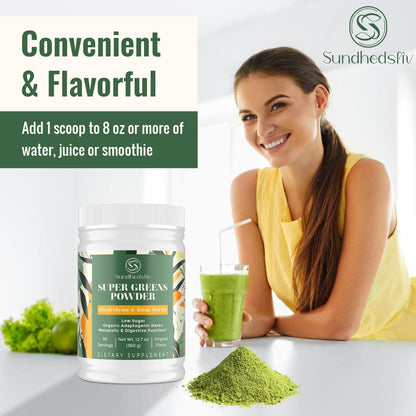 Sundhedsliv Super Greens Powder adaptogen blend details