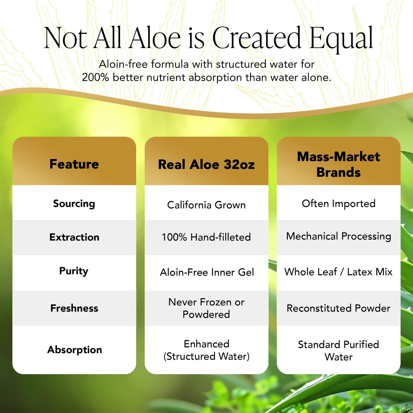 Authentic Real Aloe inner leaf gel juice showing organic certification seals