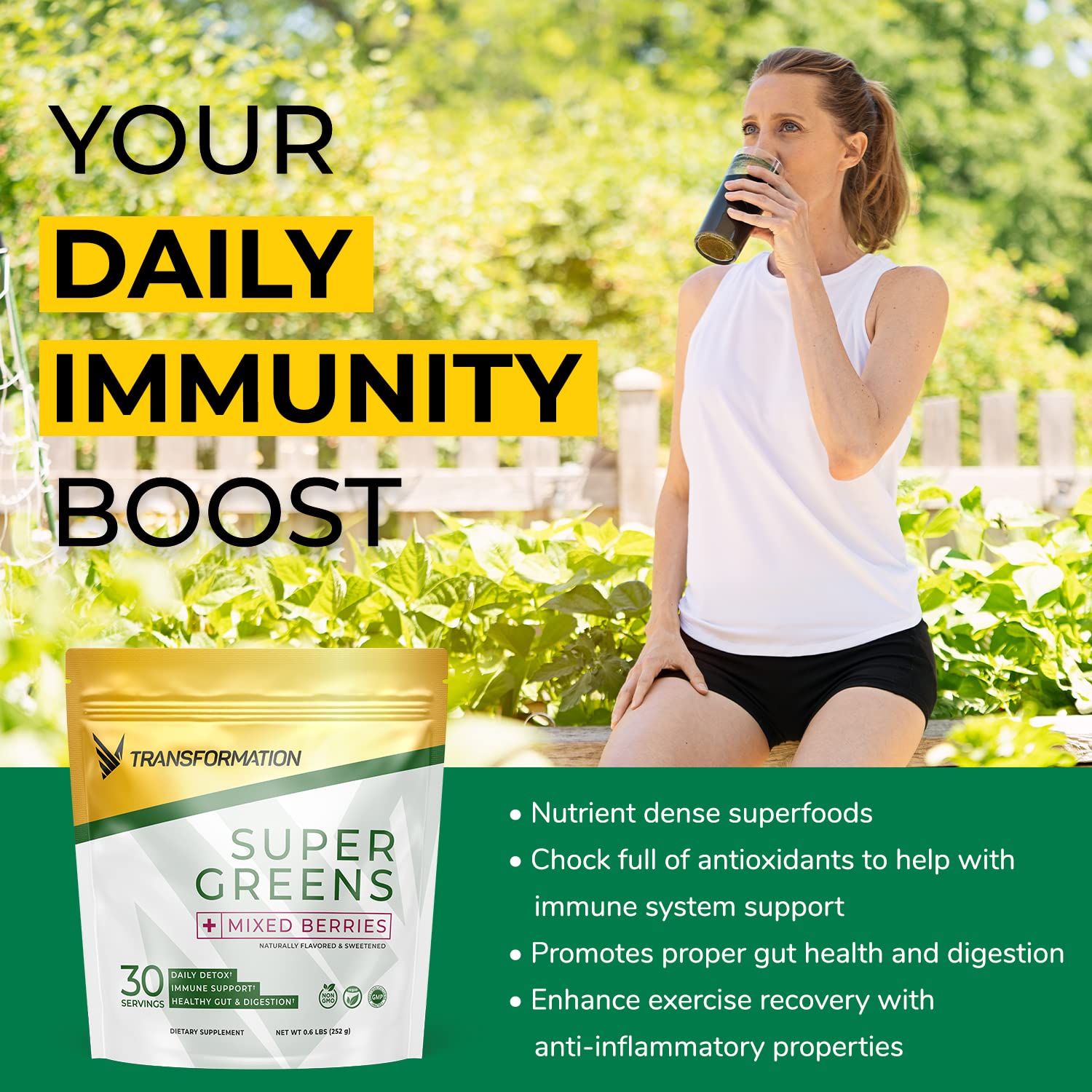 Transformation Super Greens powder scoop and texture