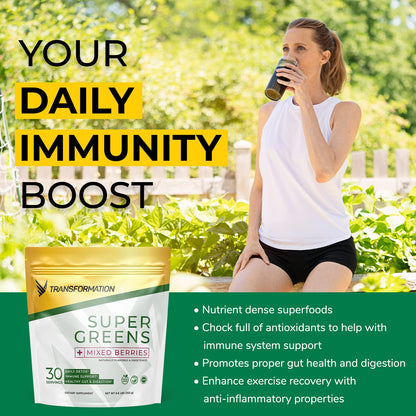 Transformation Super Greens powder scoop and texture