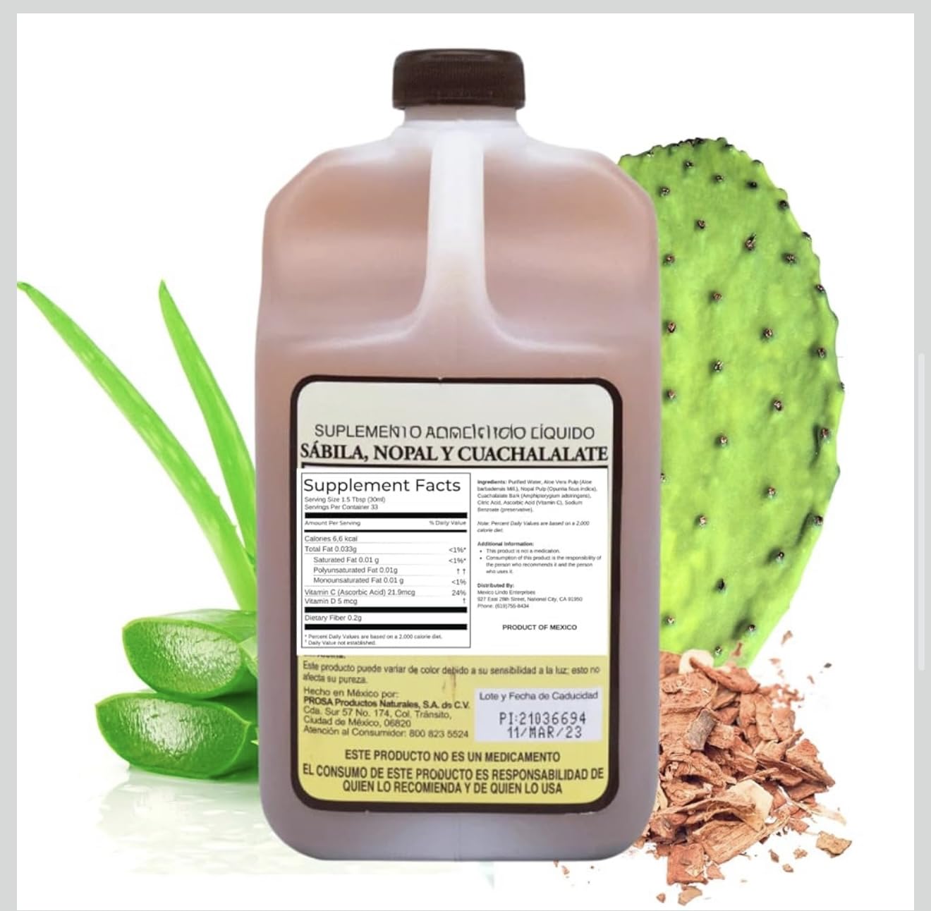 Bottle of Prosa herbal liquid supplement showing digestive support benefits