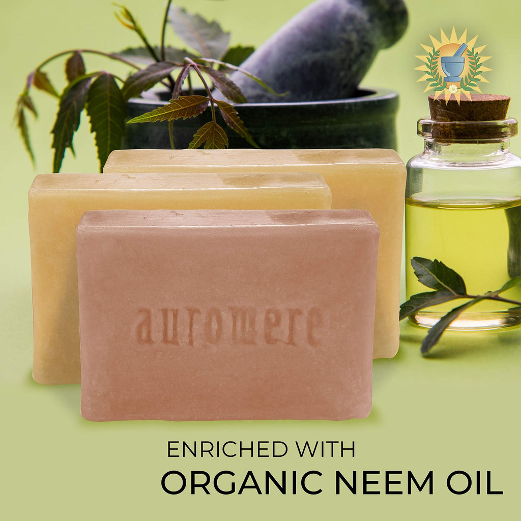 Three Auromere herbal soap bars side by side