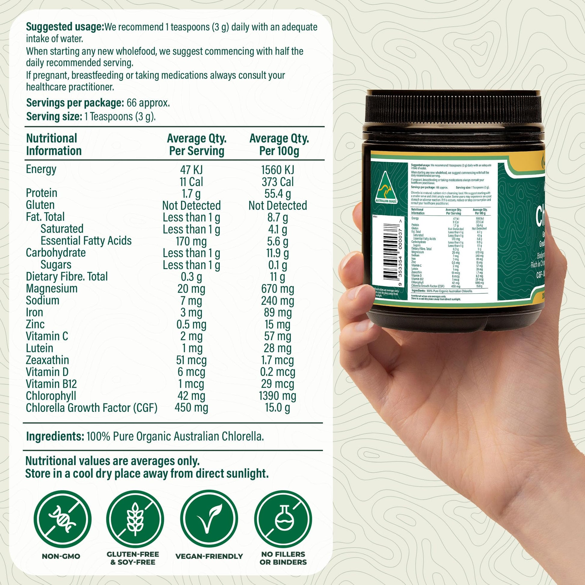 Biogenesis chlorella powder mixed in a green smoothie