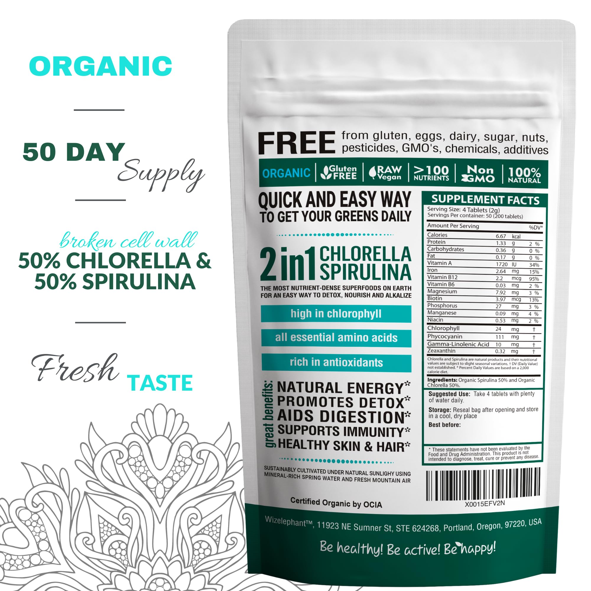Wizelephant 2-in-1 superfood supplement bottle label details