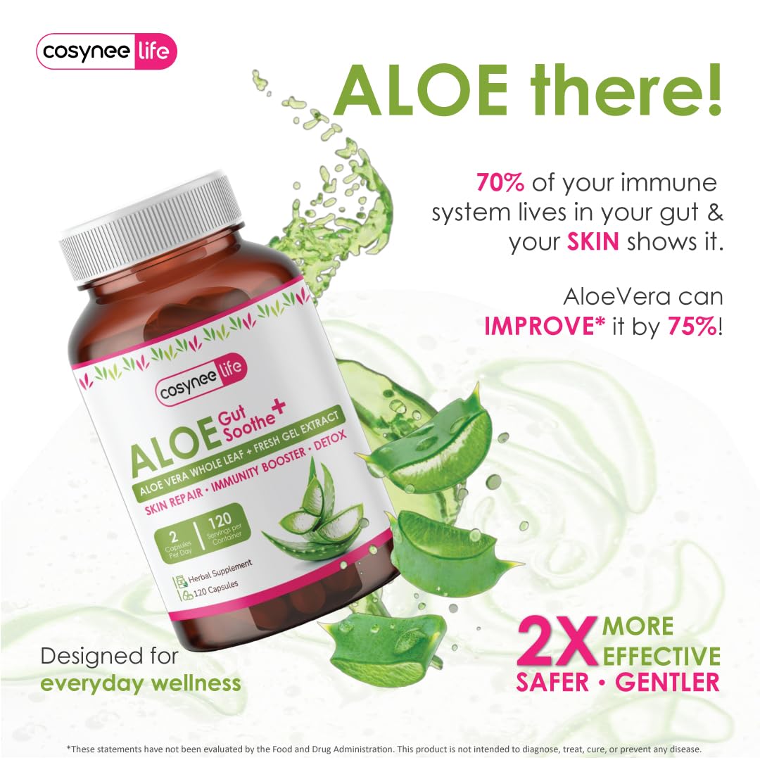 Cosynee Life Aloe Vera bottle with pills displayed