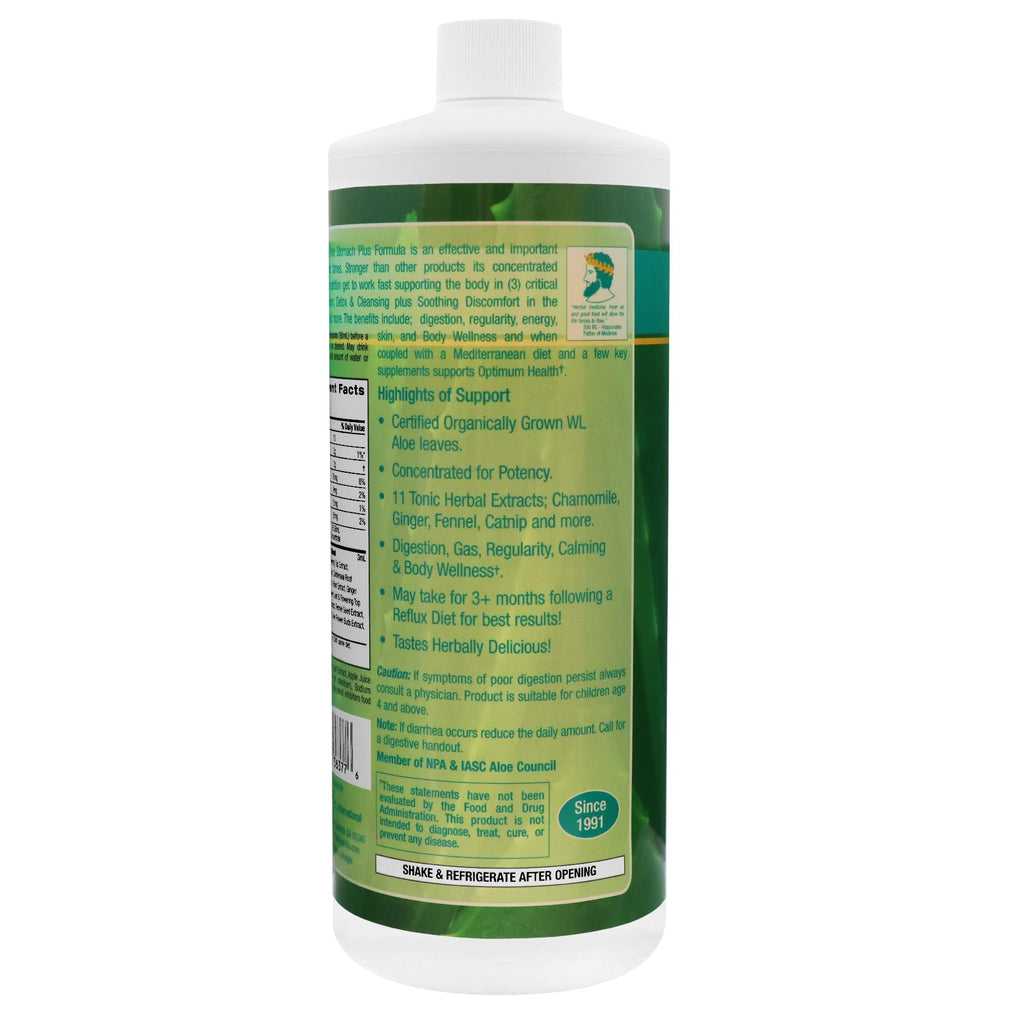 Aloe Life Stomach Plus liquid digestive support supplement packaging showing nutritional facts and ingredients