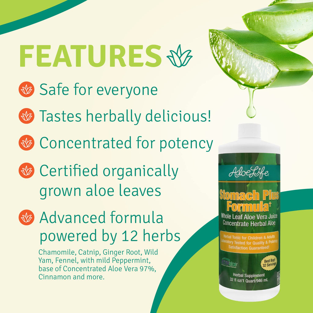 Close up of the back label on Aloe Life Stomach Plus Formula showing directions for adults and children
