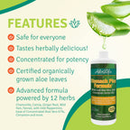 Close up of the back label on Aloe Life Stomach Plus Formula showing directions for adults and children