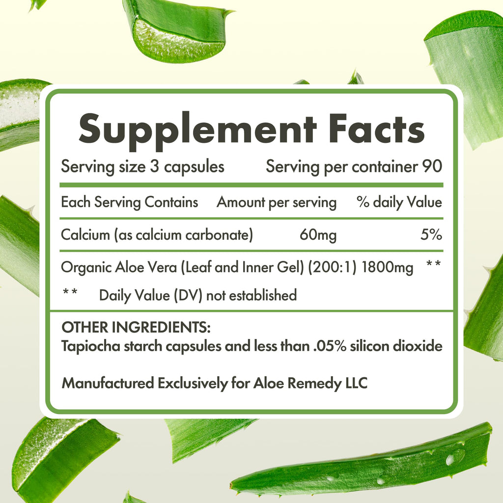 Side view of Aloe Remedy 180 count supplement bottle
