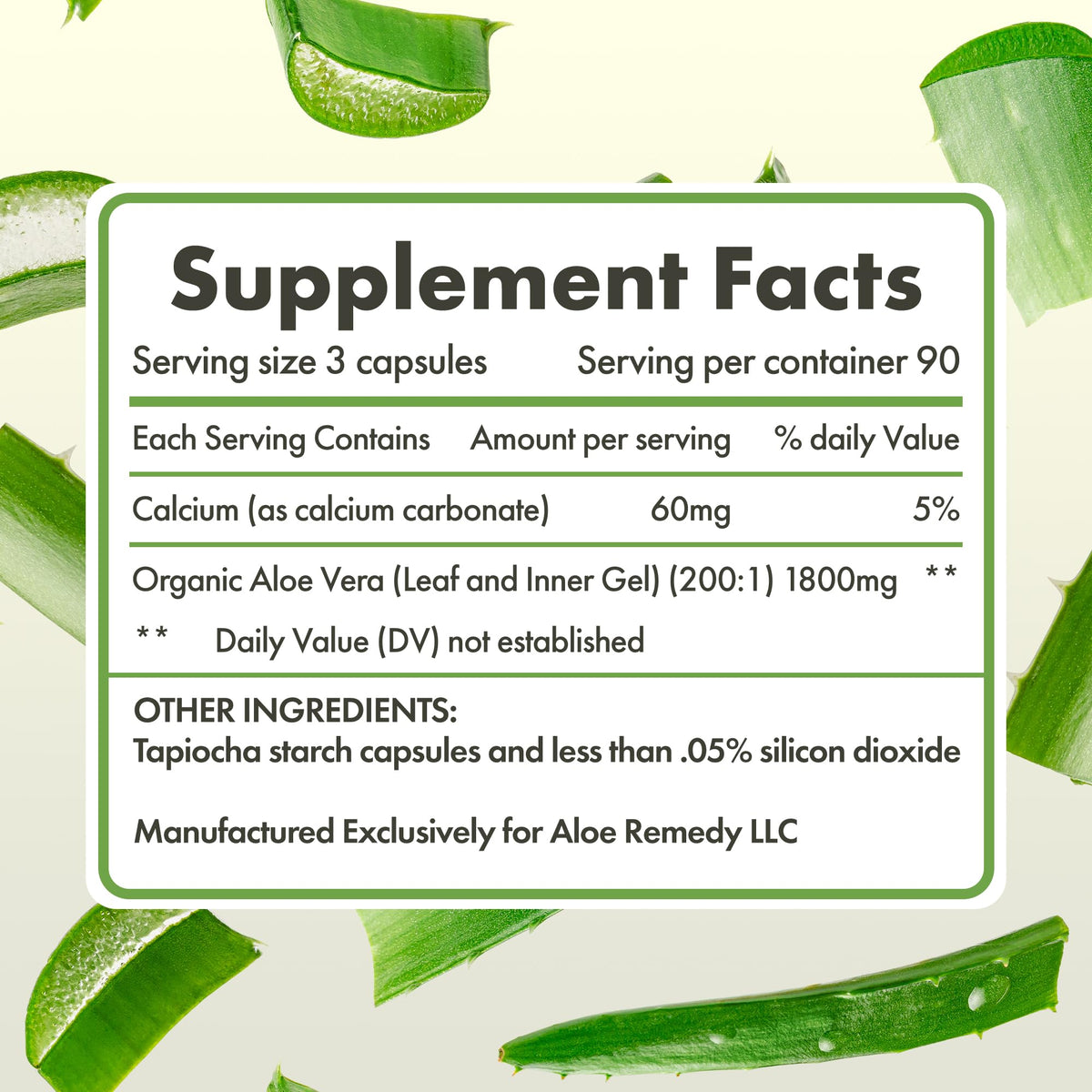 Side view of Aloe Remedy 180 count supplement bottle