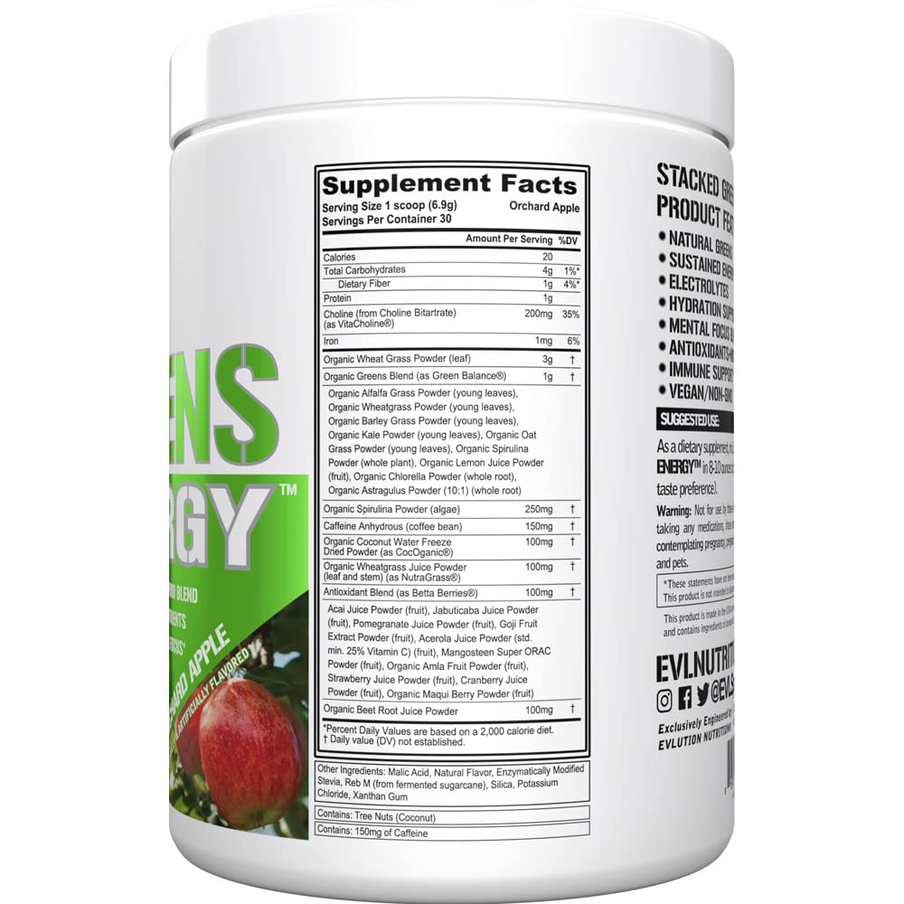 Evlution Stacked Greens superfood powder supplement container label
