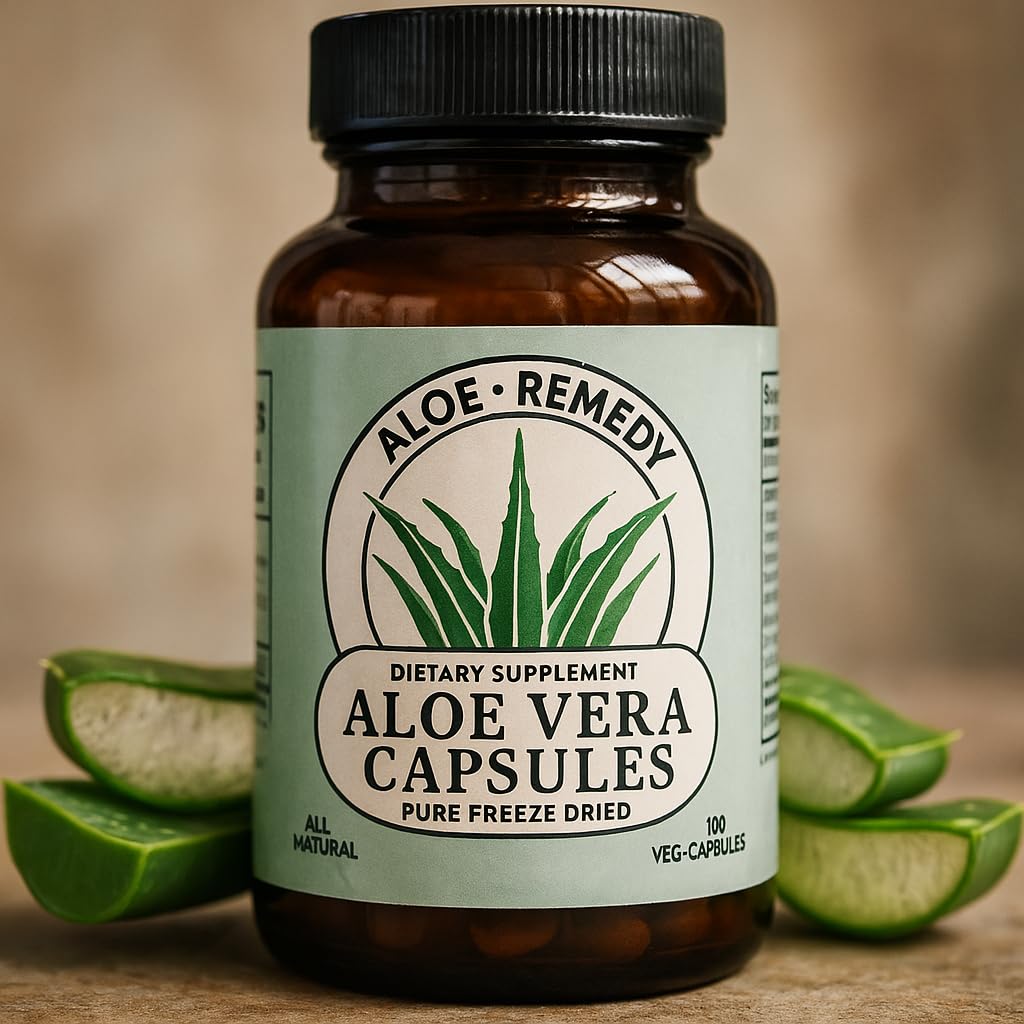Aloe Remedy Aloe Vera Capsules bottle next to daily serving