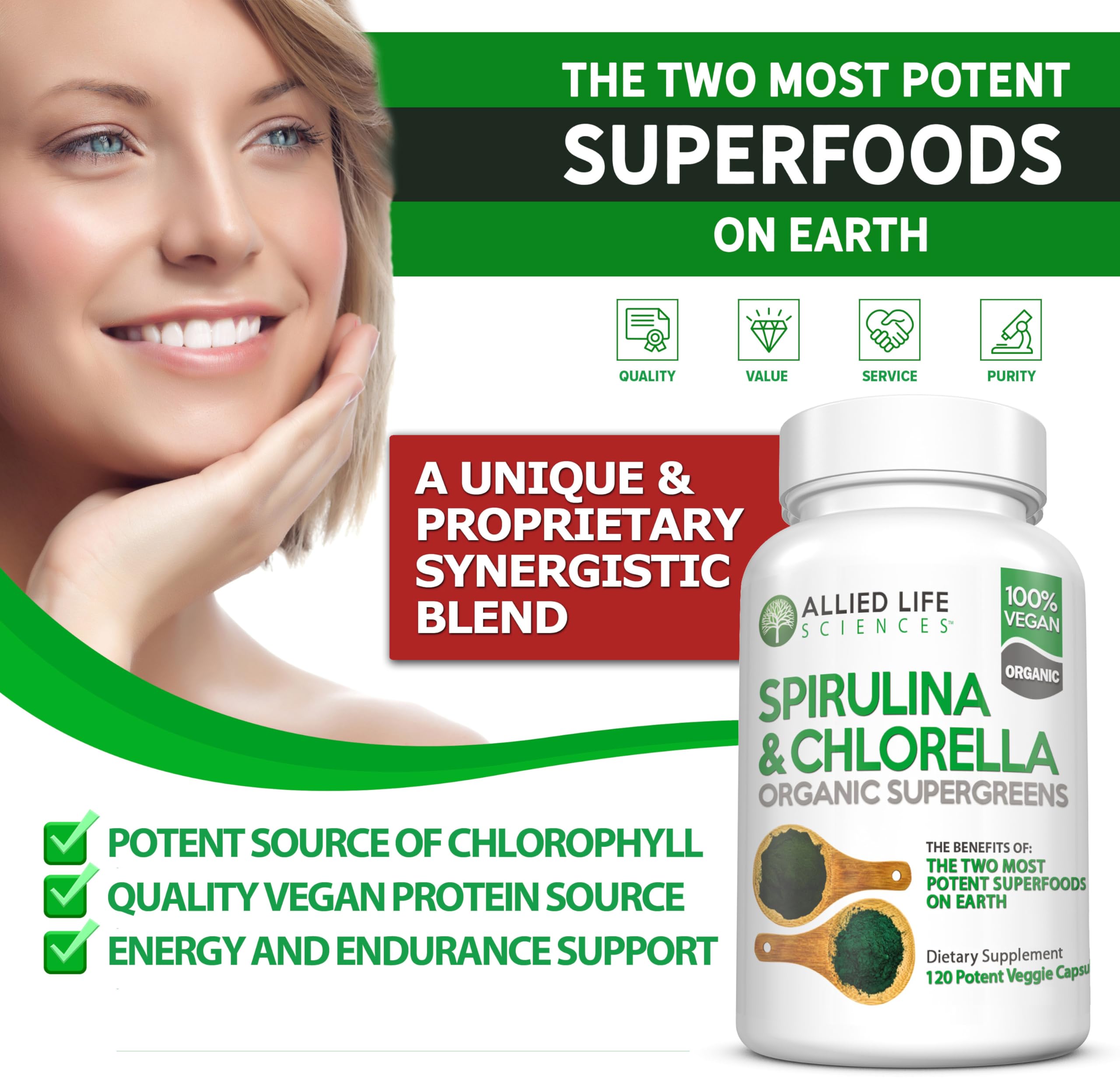 Organic spirulina and chlorella vegan supplement capsules label