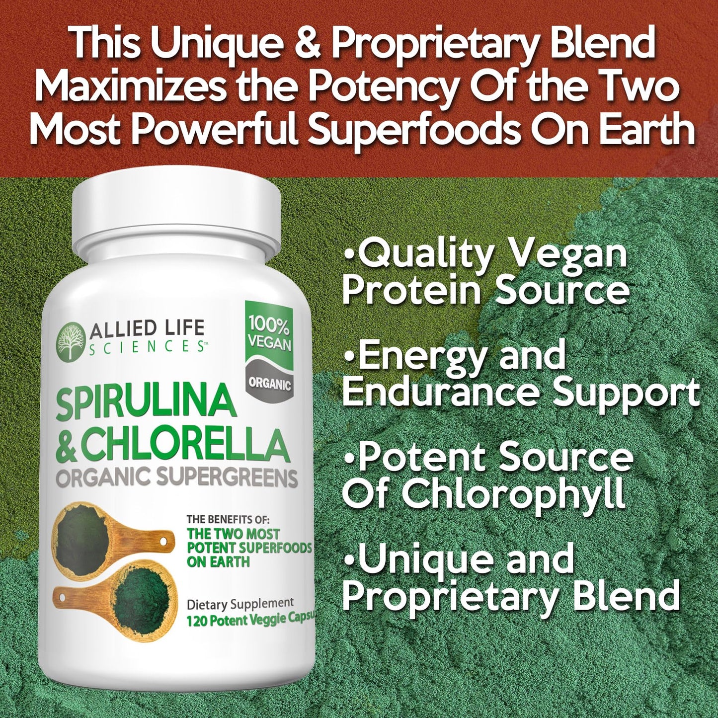 Close up of 120 count Allied Life Sciences green superfood bottle
