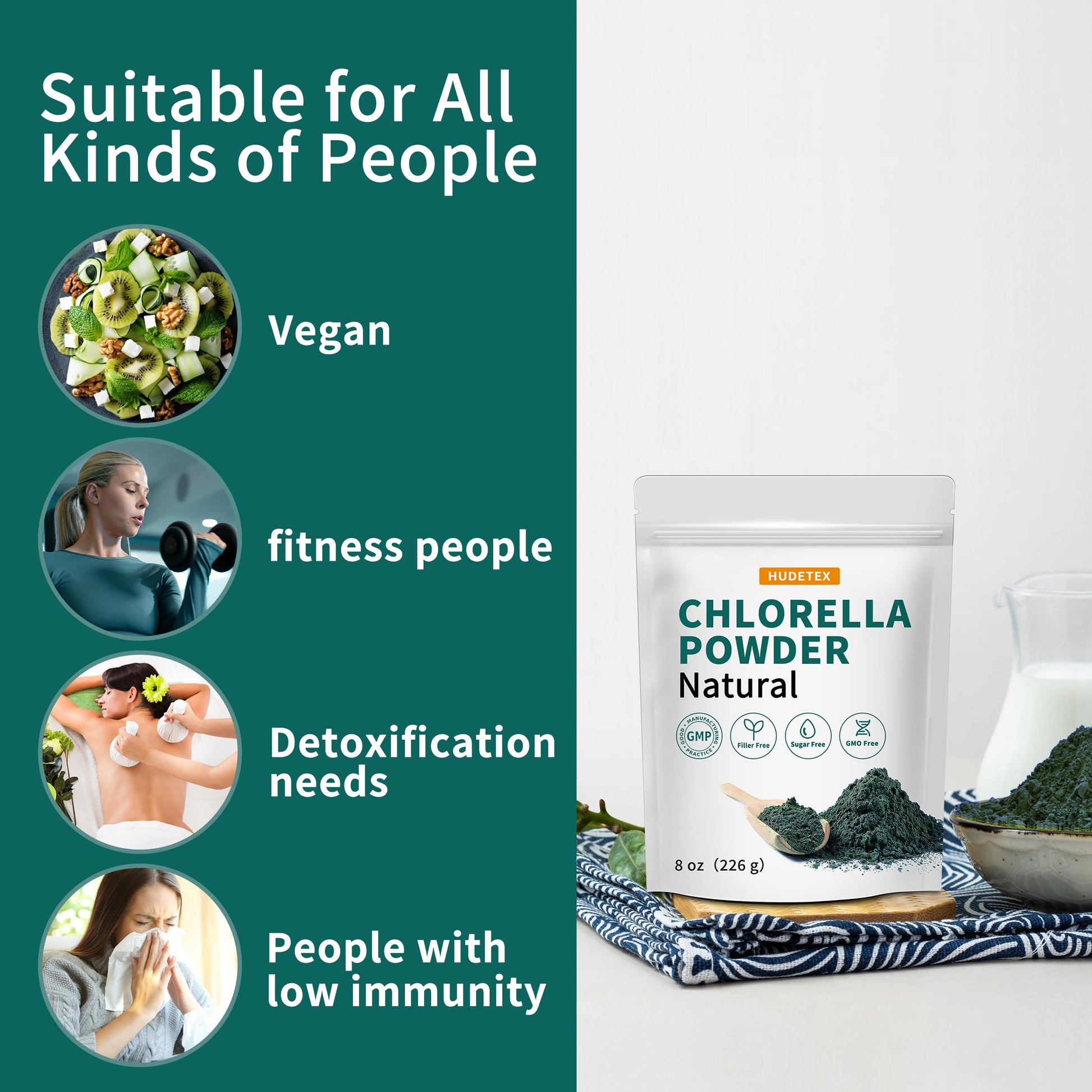 Hudetex Chlorella powder mixed into a healthy green smoothie
