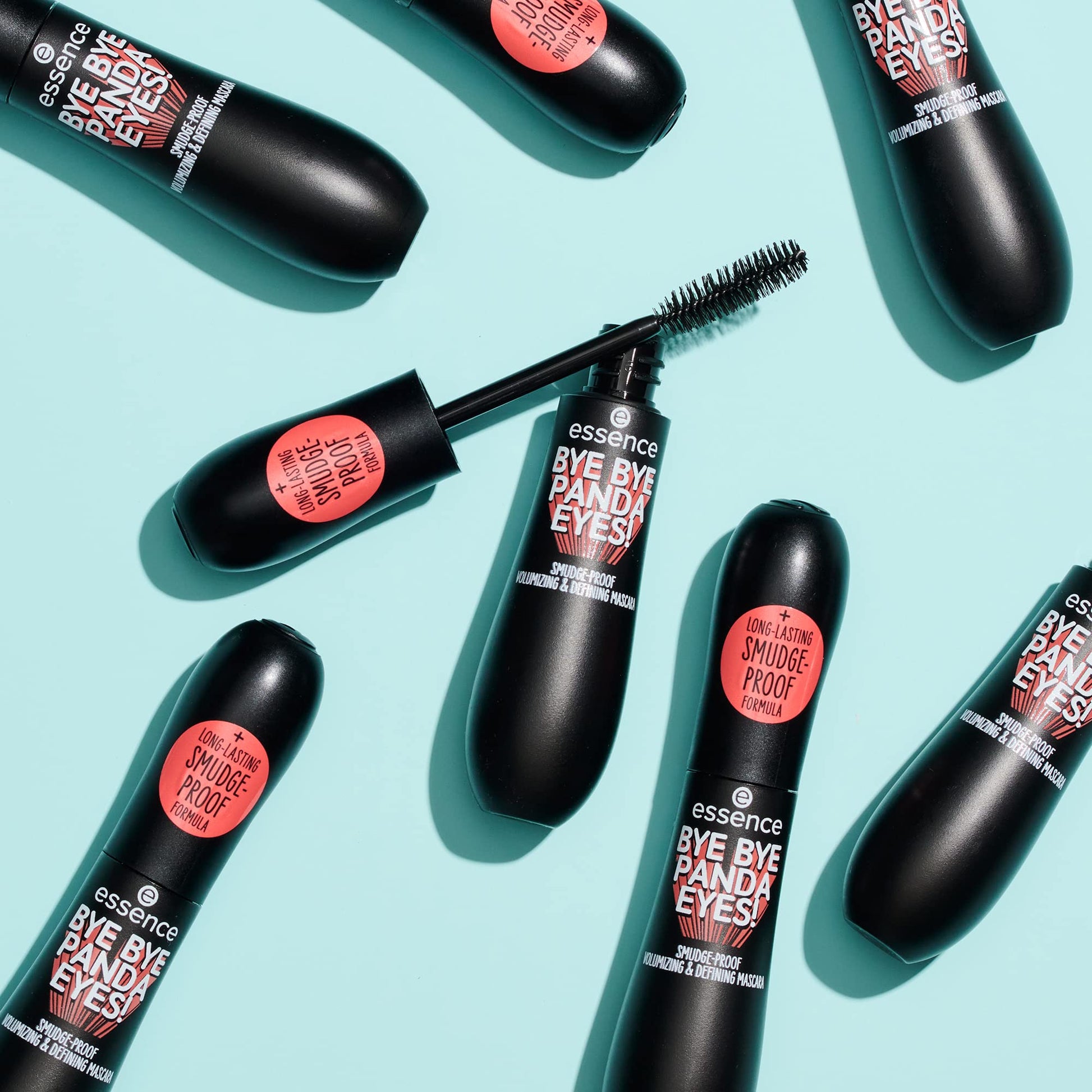 Vegan and cruelty free logo details on Essence tubing mascara packaging.