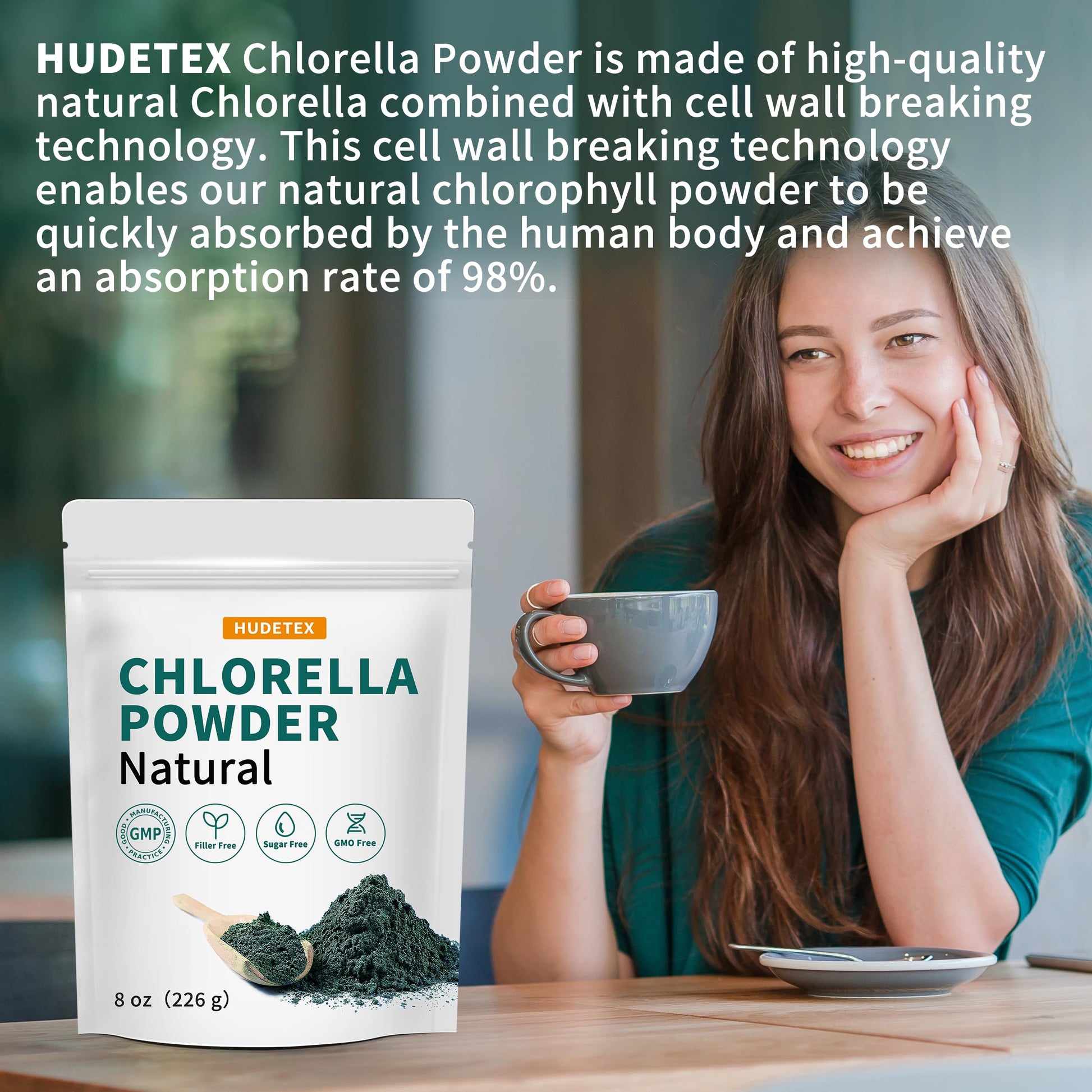 Close up of Hudetex Chlorella natural green algae powder
