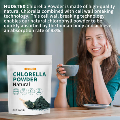 Close up of Hudetex Chlorella natural green algae powder