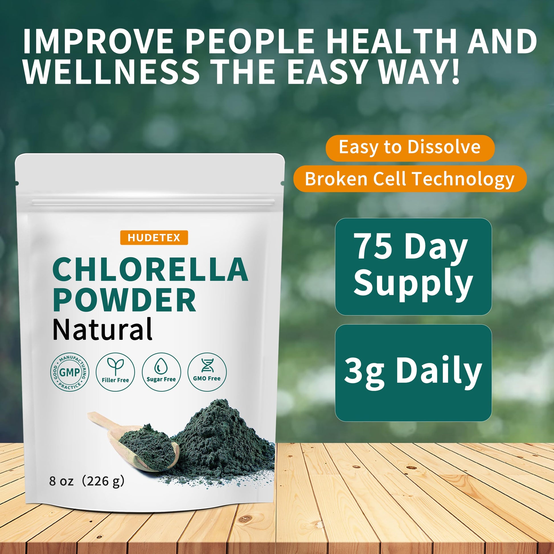 Hudetex Chlorella packaging showing GMP certification details