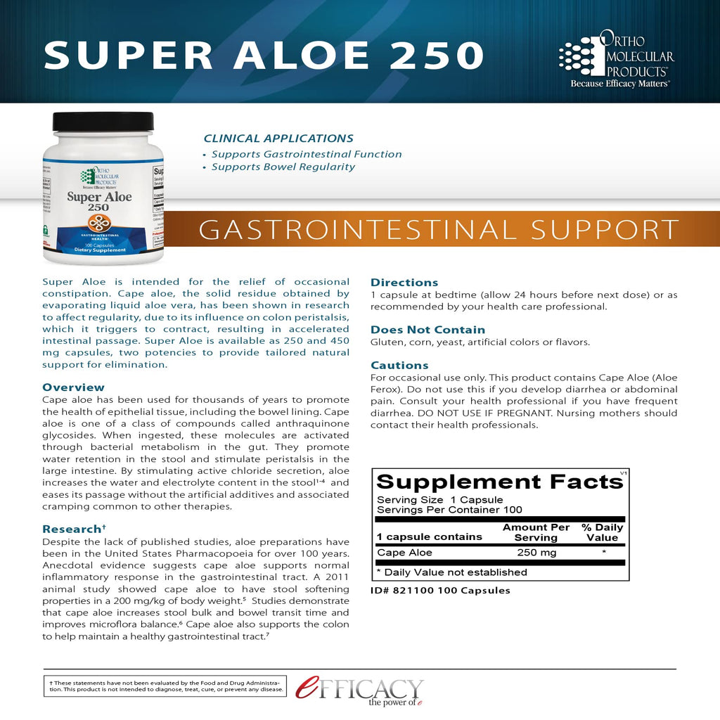 Back of Ortho Molecular Super Aloe 250 bottle showing supplement facts