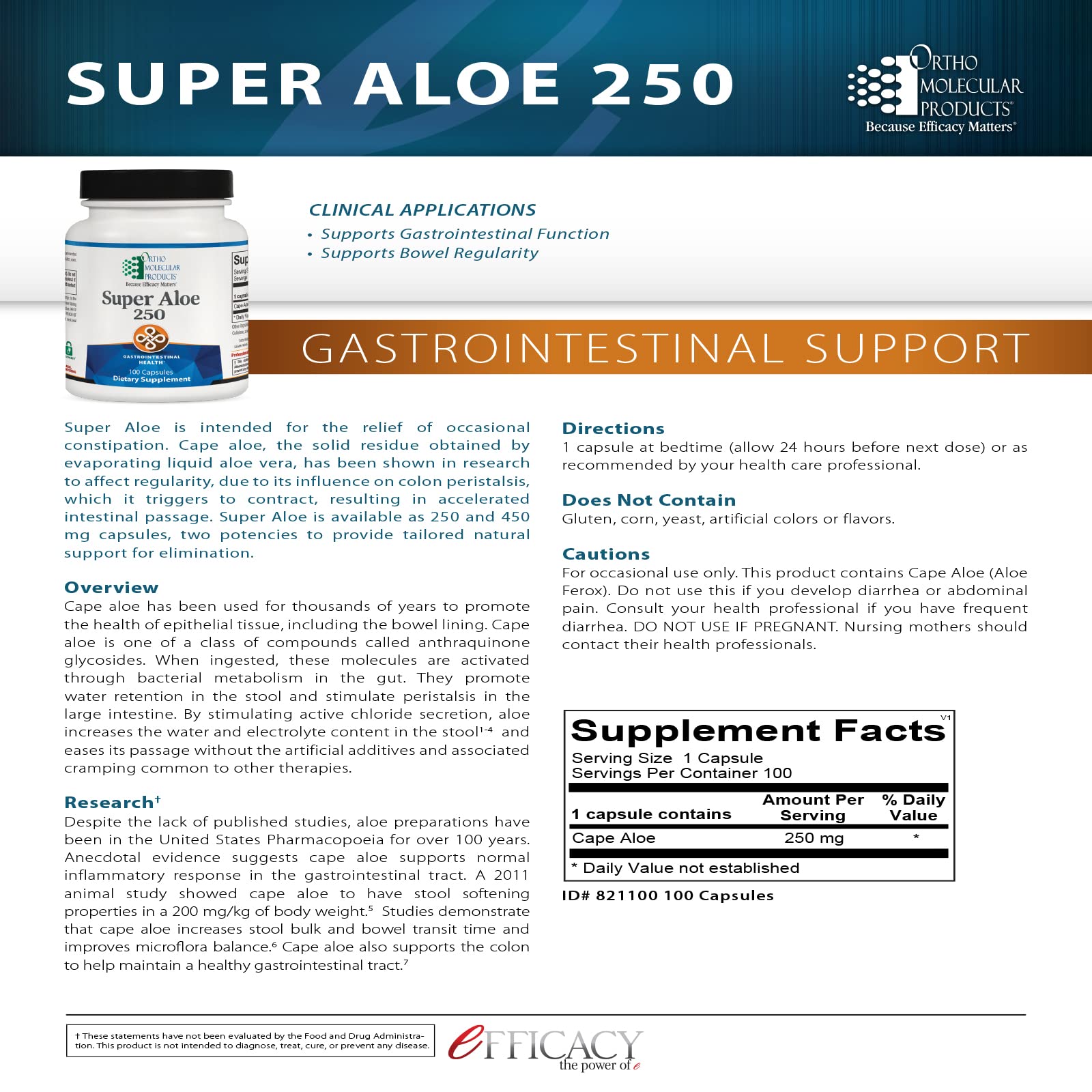 Back of Ortho Molecular Super Aloe 250 bottle showing supplement facts