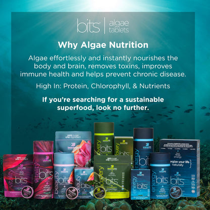 Close up of Energybits algae tablets on a white background