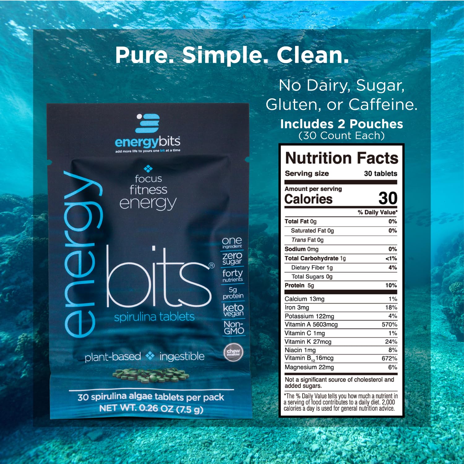 Detailed view of Energybits organic spirulina nutrition label