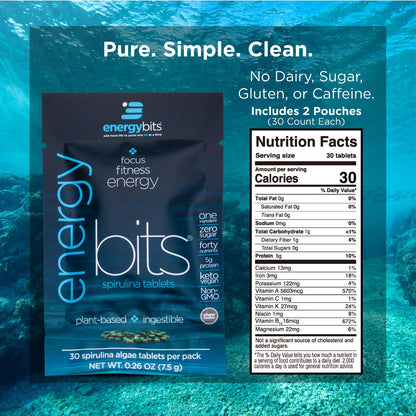 Detailed view of Energybits organic spirulina nutrition label