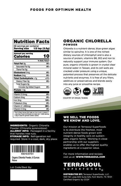 Terrasoul Superfoods Organic Chlorella Powder label details