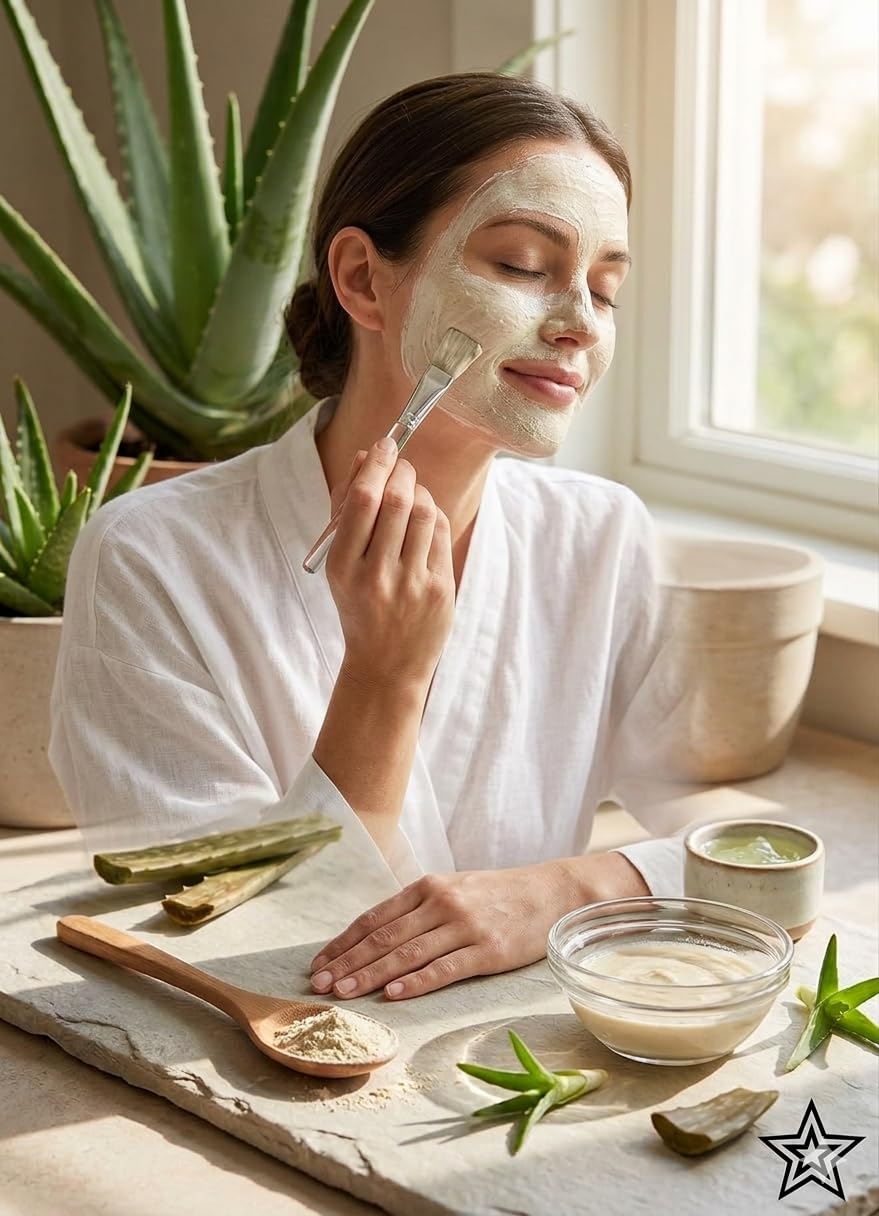 Model applying DIY aloe vera face mask for skincare