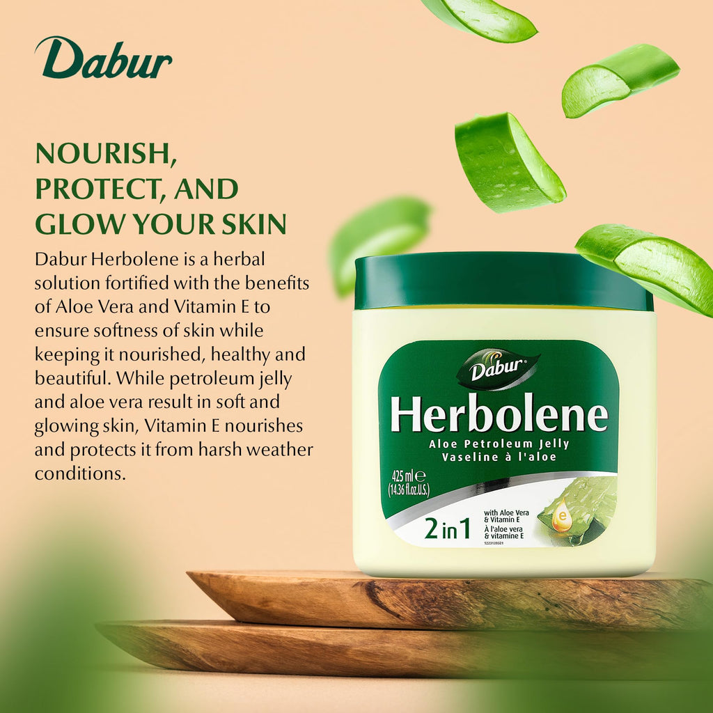 Two jars of Dabur Herbolene Aloe Vera Petroleum Jelly side by side