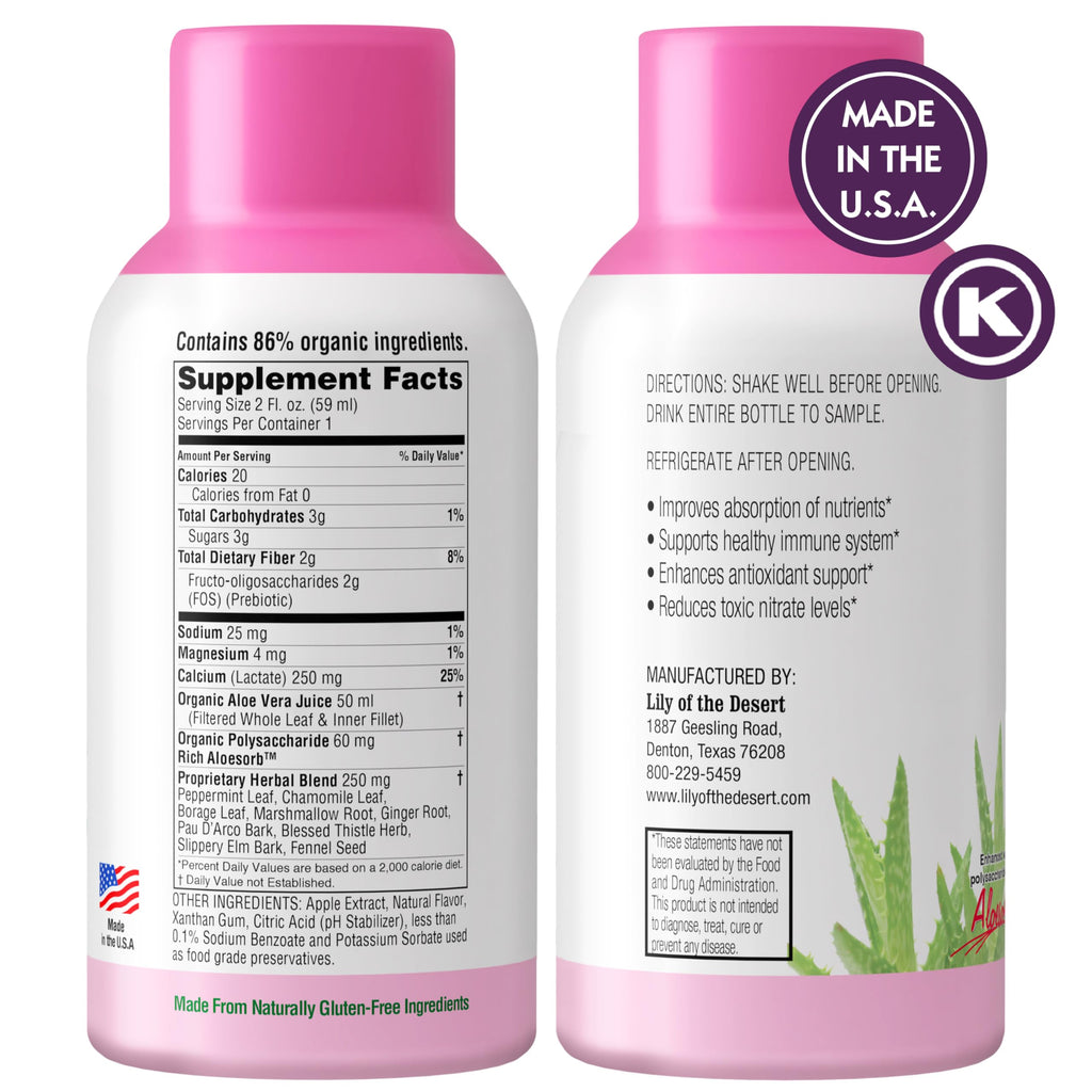 Individual 2 fluid ounce bottle of Lily of the Desert stomach relief