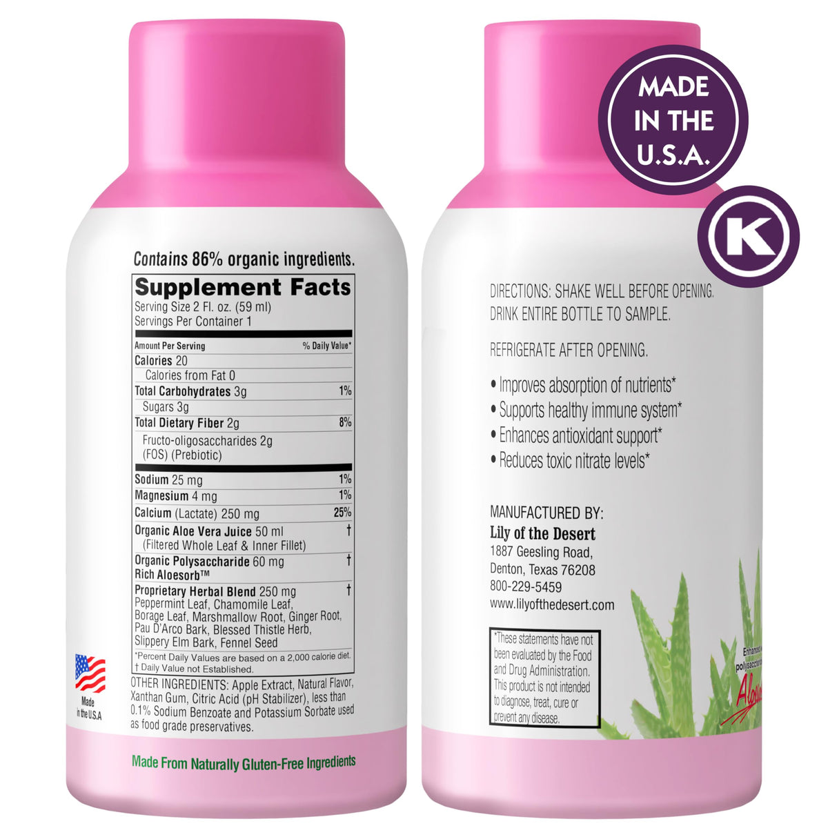 Individual 2 fluid ounce bottle of Lily of the Desert stomach relief